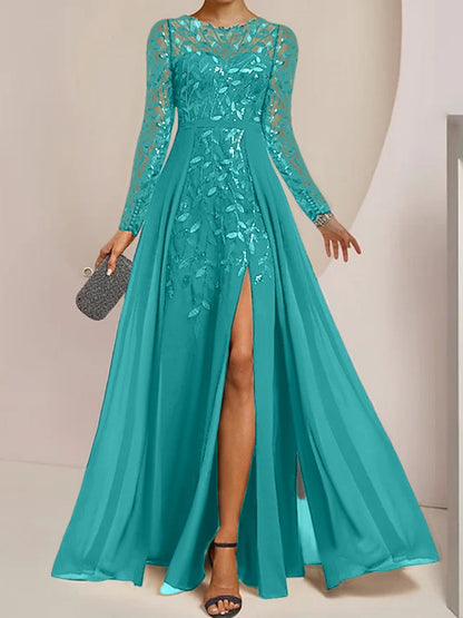 Vestidos de madre de la novia de corte A/princesa, largo hasta el suelo, con volantes laterales abiertos y lentejuelas