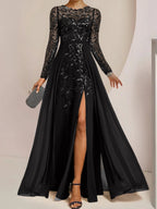 Vestidos de madre de la novia de corte A/princesa, largo hasta el suelo, con volantes laterales abiertos y lentejuelas