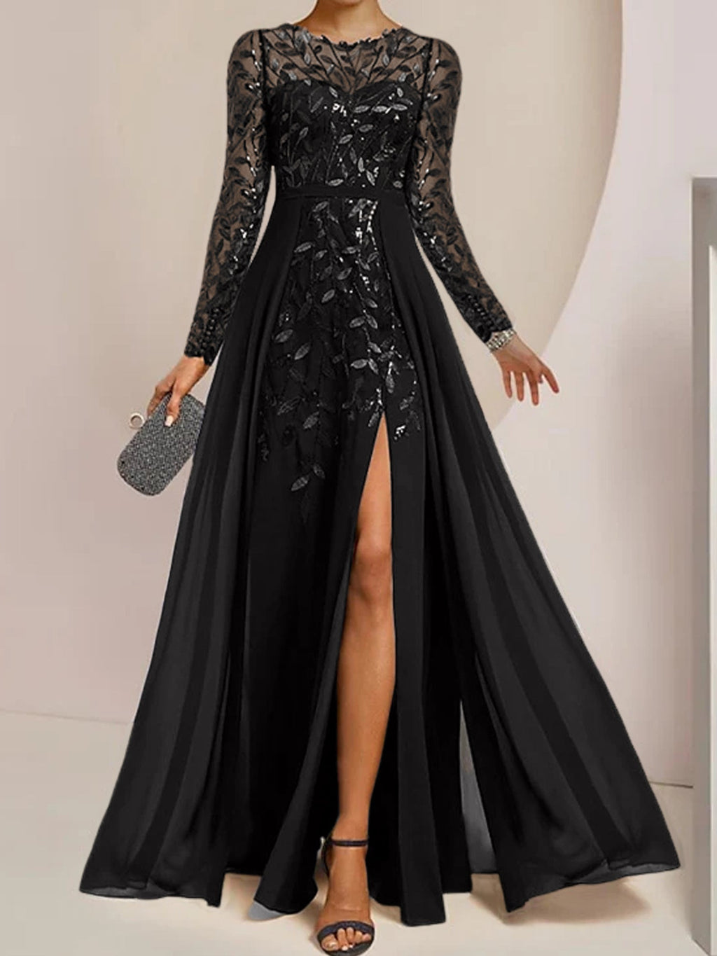 Vestidos de madre de la novia de corte A/princesa, largo hasta el suelo, con volantes laterales abiertos y lentejuelas