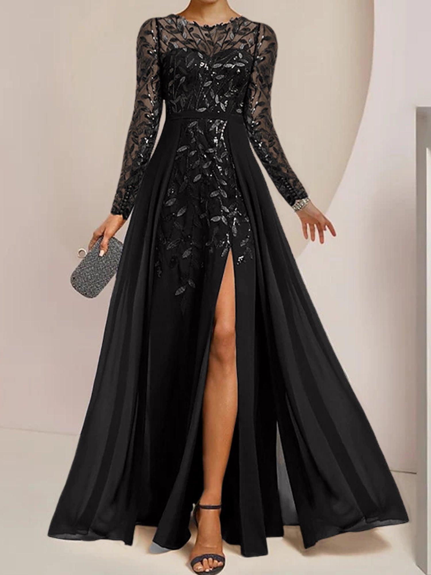 Vestidos de madre de la novia de corte A/princesa, largo hasta el suelo, con volantes laterales abiertos y lentejuelas