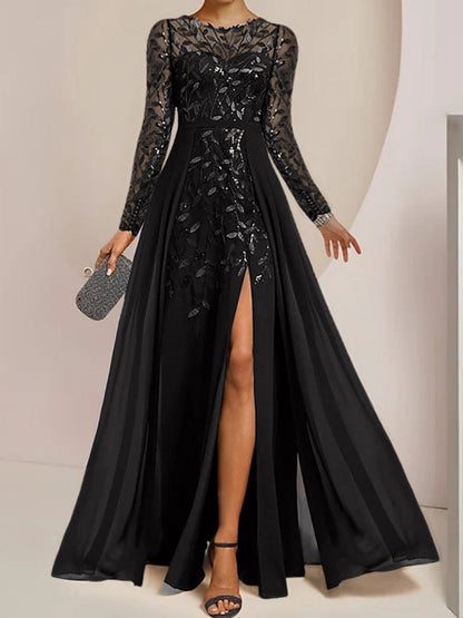 Vestidos de madre de la novia de corte A/princesa, largo hasta el suelo, con volantes laterales abiertos y lentejuelas