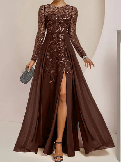 Vestidos de madre de la novia de corte A/princesa, largo hasta el suelo, con volantes laterales abiertos y lentejuelas