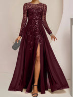 Vestidos de madre de la novia de corte A/princesa, largo hasta el suelo, con volantes laterales abiertos y lentejuelas