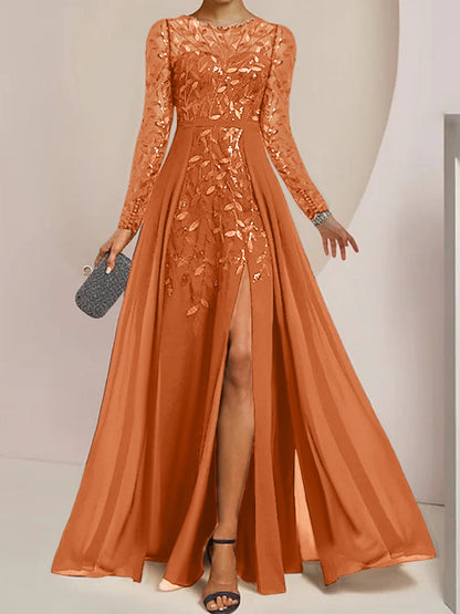 Vestidos de madre de la novia de corte A/princesa, largo hasta el suelo, con volantes laterales abiertos y lentejuelas