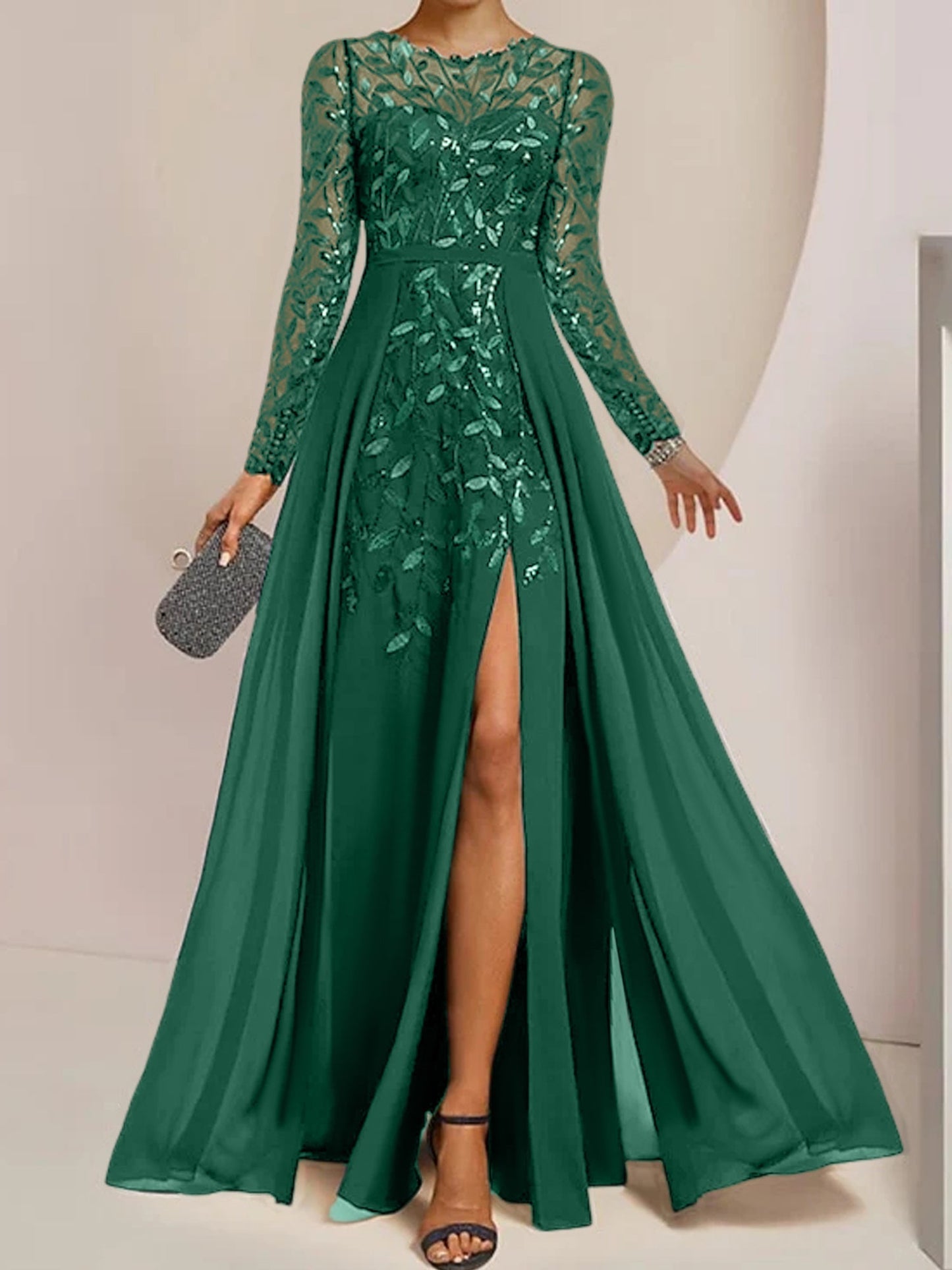 Vestidos de madre de la novia de corte A/princesa, largo hasta el suelo, con volantes laterales abiertos y lentejuelas