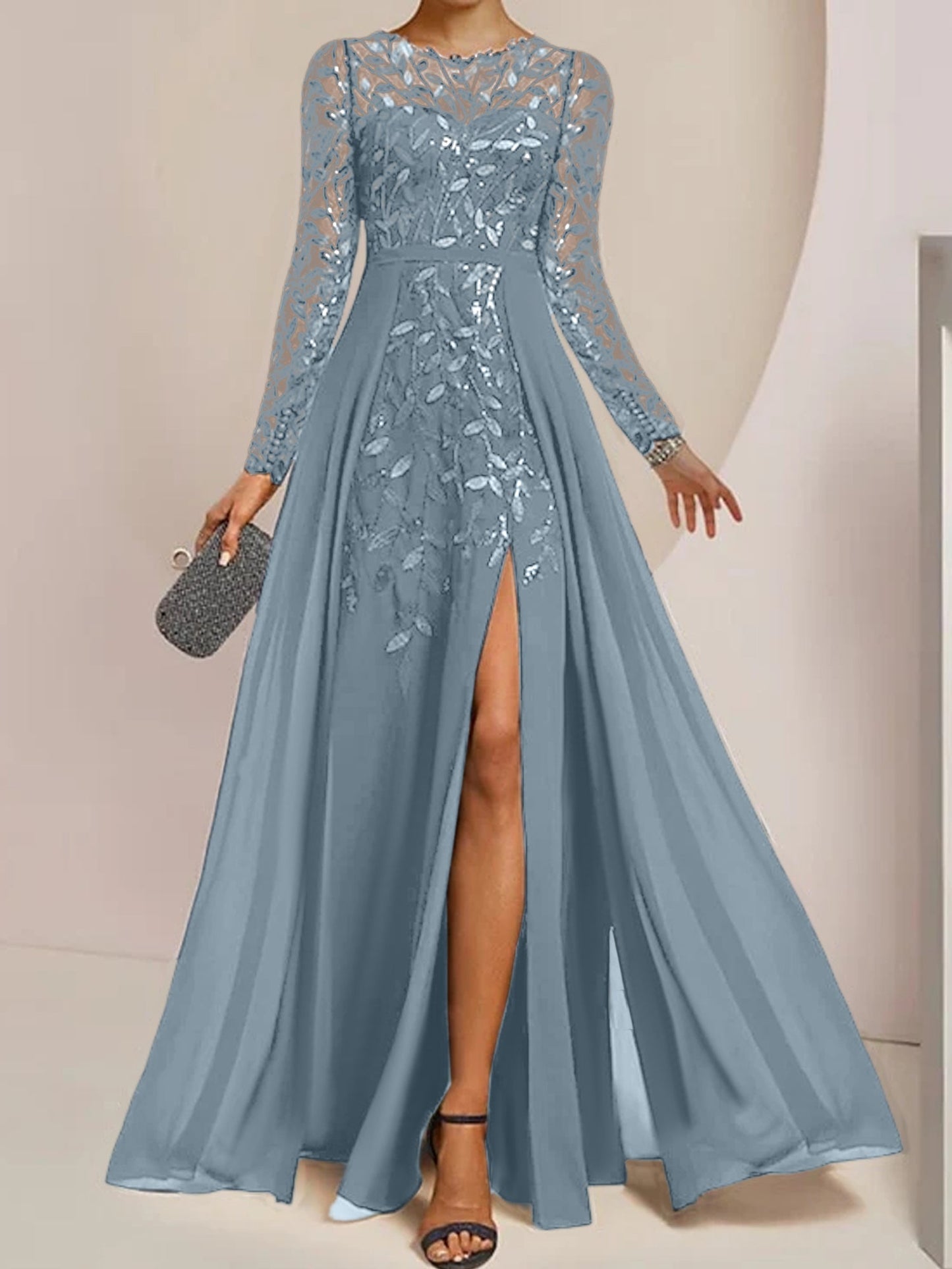 Vestidos de madre de la novia de corte A/princesa, largo hasta el suelo, con volantes laterales abiertos y lentejuelas