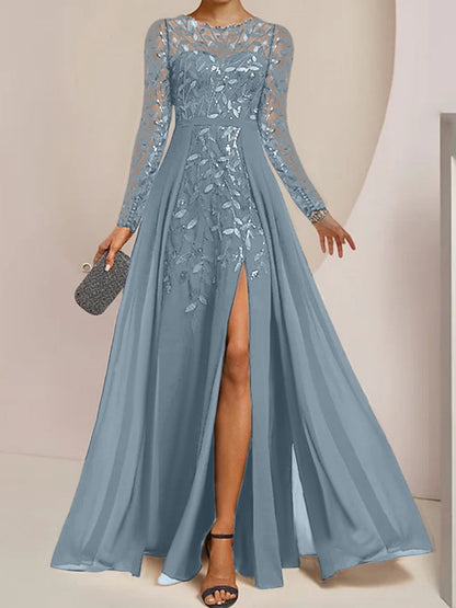 Vestidos de madre de la novia de corte A/princesa, largo hasta el suelo, con volantes laterales abiertos y lentejuelas