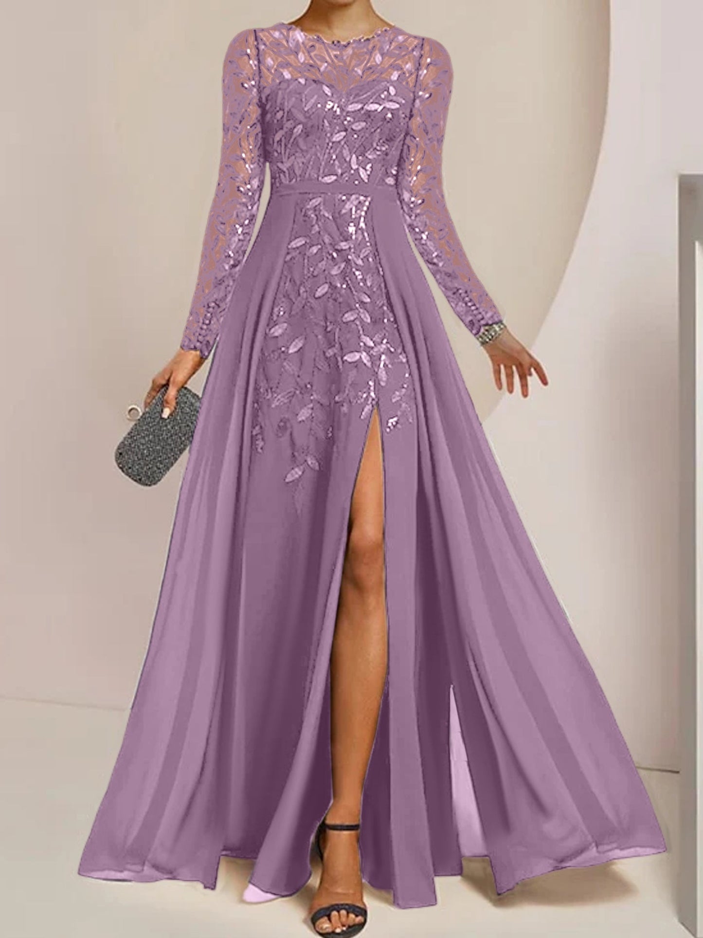 Vestidos de madre de la novia de corte A/princesa, largo hasta el suelo, con volantes laterales abiertos y lentejuelas