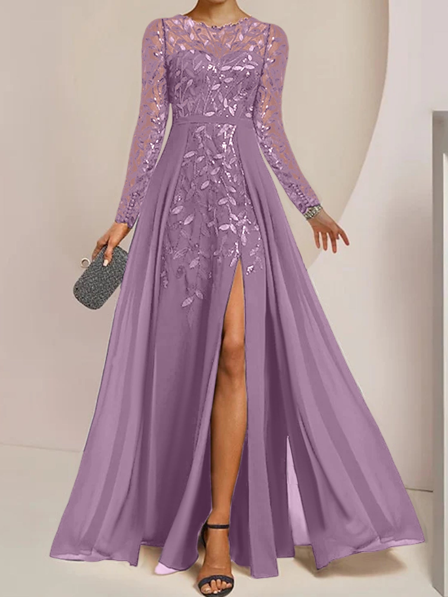Vestidos de madre de la novia de corte A/princesa, largo hasta el suelo, con volantes laterales abiertos y lentejuelas