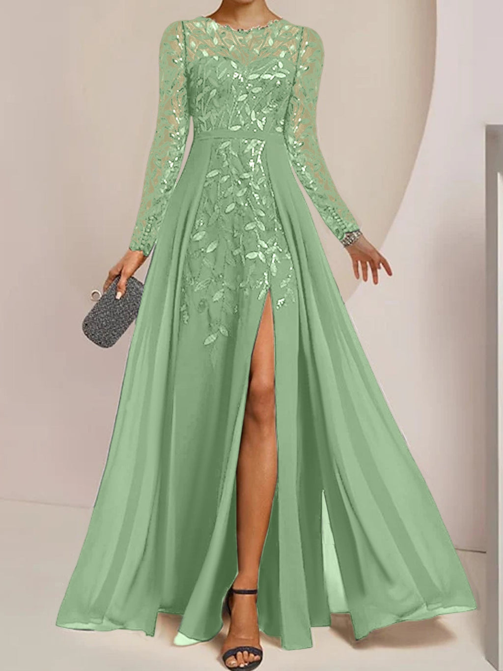 Vestidos de madre de la novia de corte A/princesa, largo hasta el suelo, con volantes laterales abiertos y lentejuelas