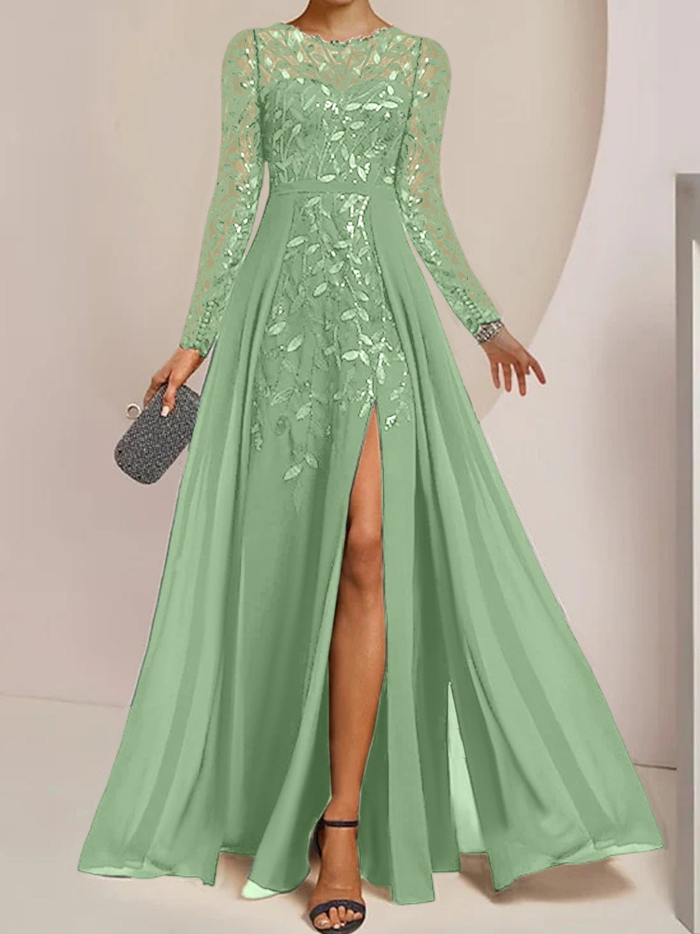 Vestidos de madre de la novia de corte A/princesa, largo hasta el suelo, con volantes laterales abiertos y lentejuelas