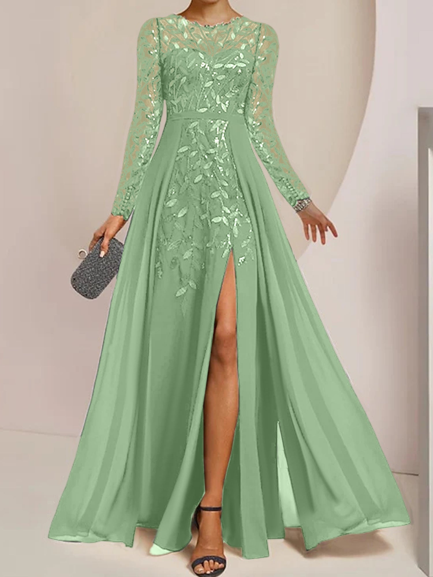 Vestidos de madre de la novia de corte A/princesa, largo hasta el suelo, con volantes laterales abiertos y lentejuelas