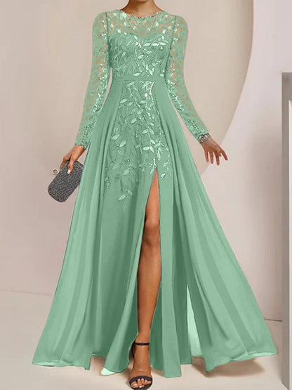 Vestidos de madre de la novia de corte A/princesa, largo hasta el suelo, con volantes laterales abiertos y lentejuelas