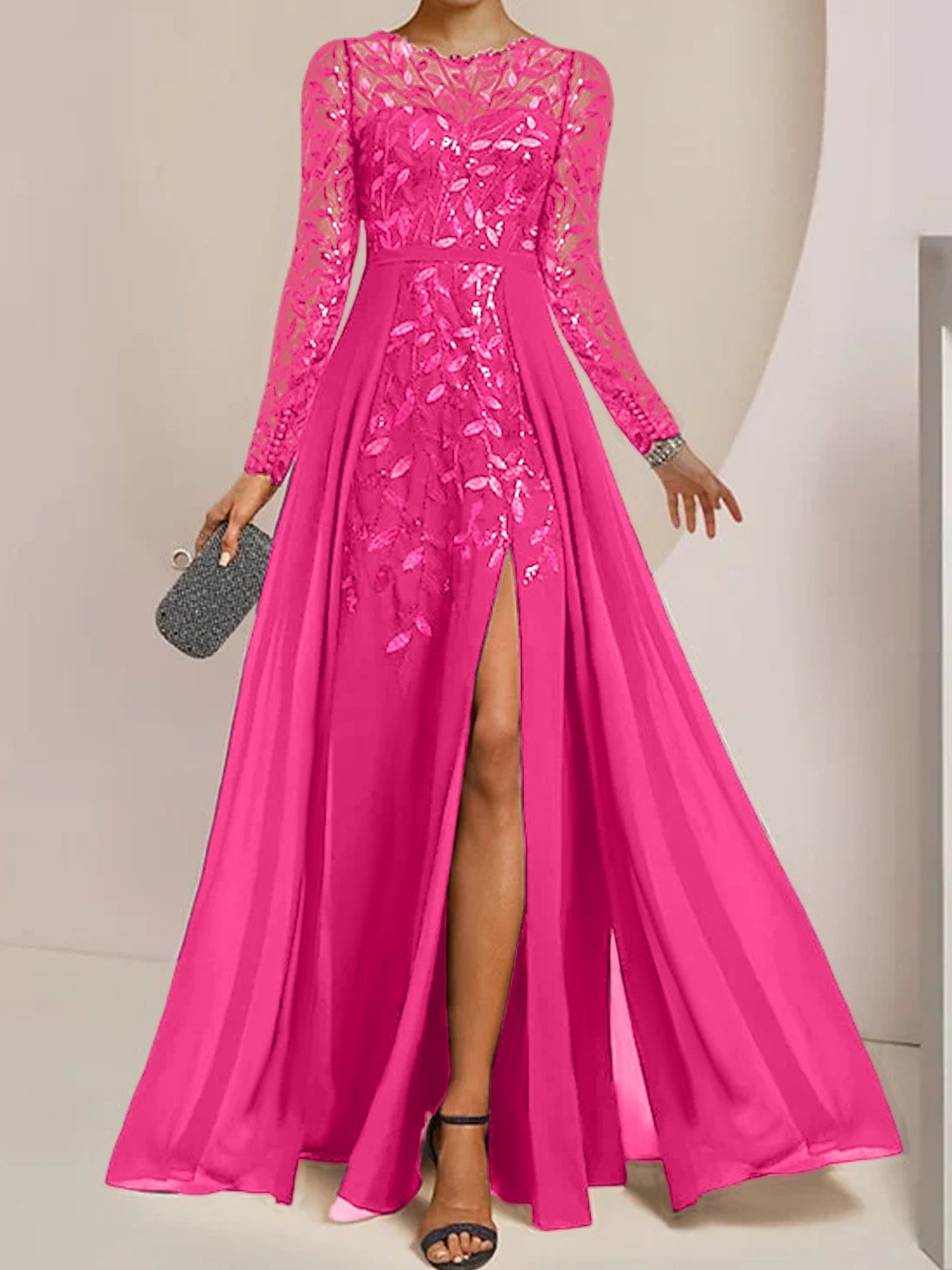 Vestidos de madre de la novia de corte A/princesa, largo hasta el suelo, con volantes laterales abiertos y lentejuelas