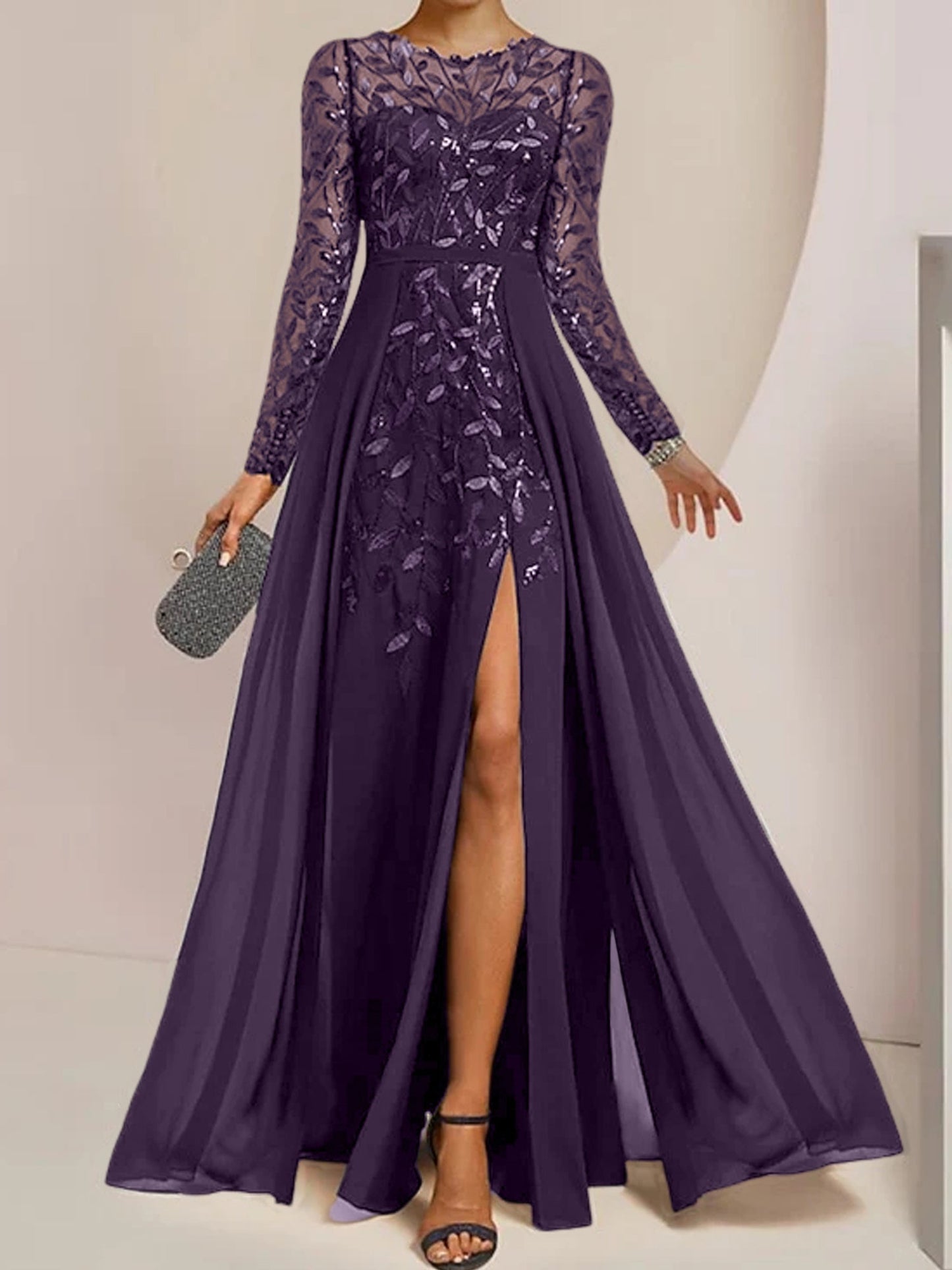 Vestidos de madre de la novia de corte A/princesa, largo hasta el suelo, con volantes laterales abiertos y lentejuelas