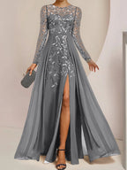 Vestidos de madre de la novia de corte A/princesa, largo hasta el suelo, con volantes laterales abiertos y lentejuelas