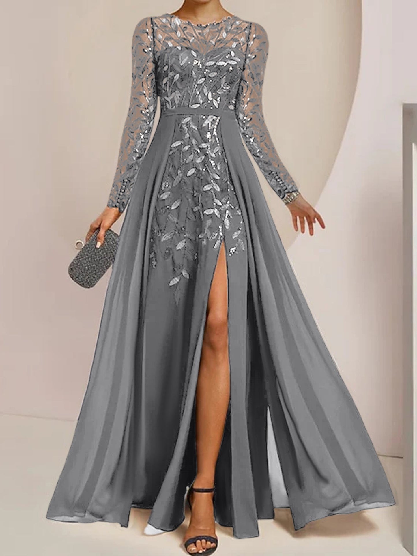 Vestidos de madre de la novia de corte A/princesa, largo hasta el suelo, con volantes laterales abiertos y lentejuelas