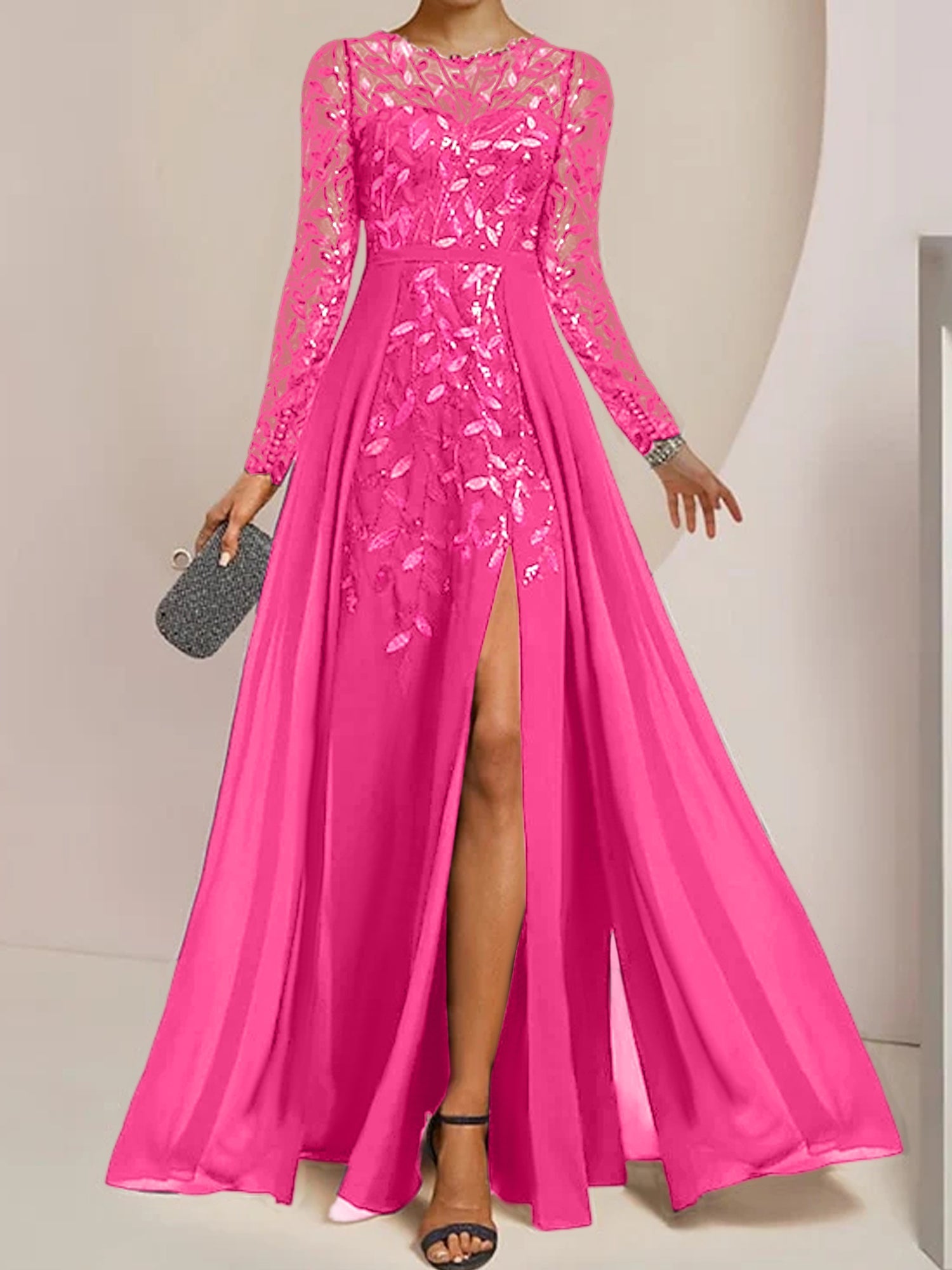 Vestidos de madre de la novia de corte A/princesa, largo hasta el suelo, con volantes laterales abiertos y lentejuelas