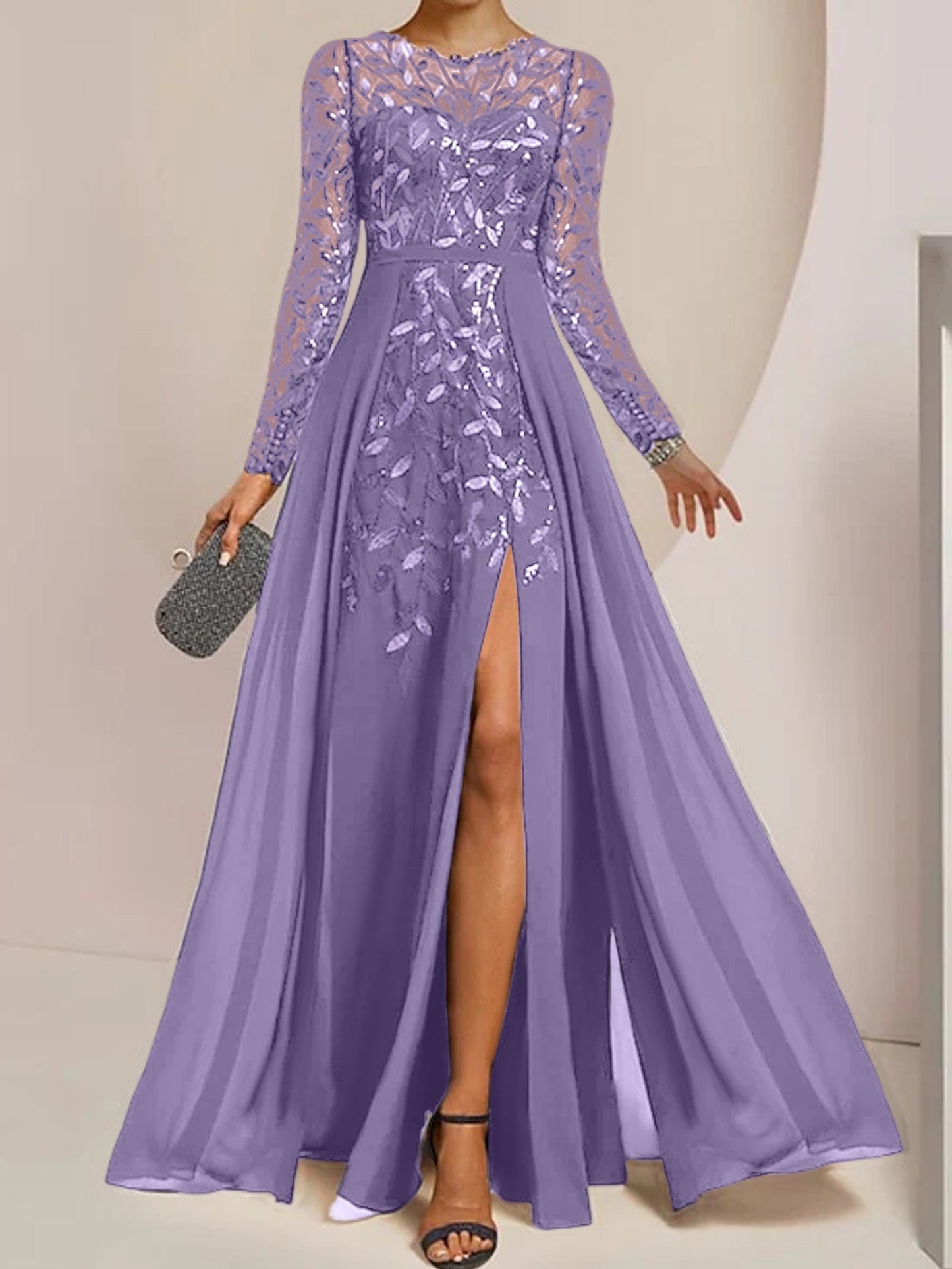 Vestidos de madre de la novia de corte A/princesa, largo hasta el suelo, con volantes laterales abiertos y lentejuelas
