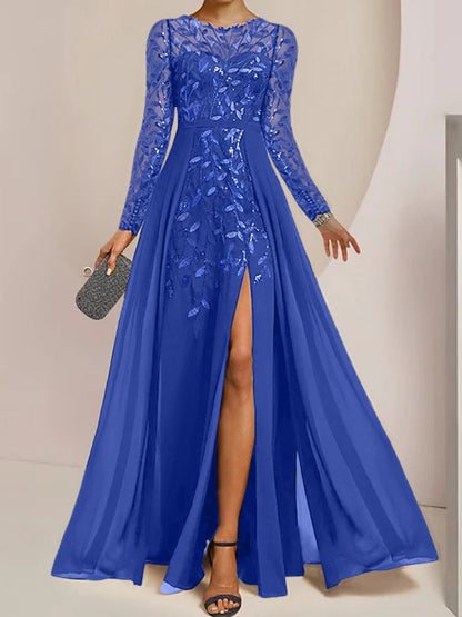 Vestidos de madre de la novia de corte A/princesa, largo hasta el suelo, con volantes laterales abiertos y lentejuelas
