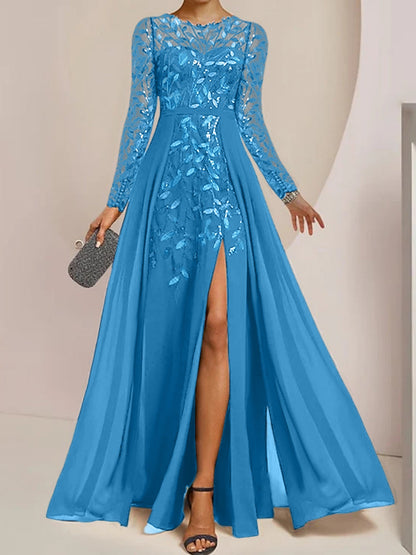 Vestidos de madre de la novia de corte A/princesa, largo hasta el suelo, con volantes laterales abiertos y lentejuelas