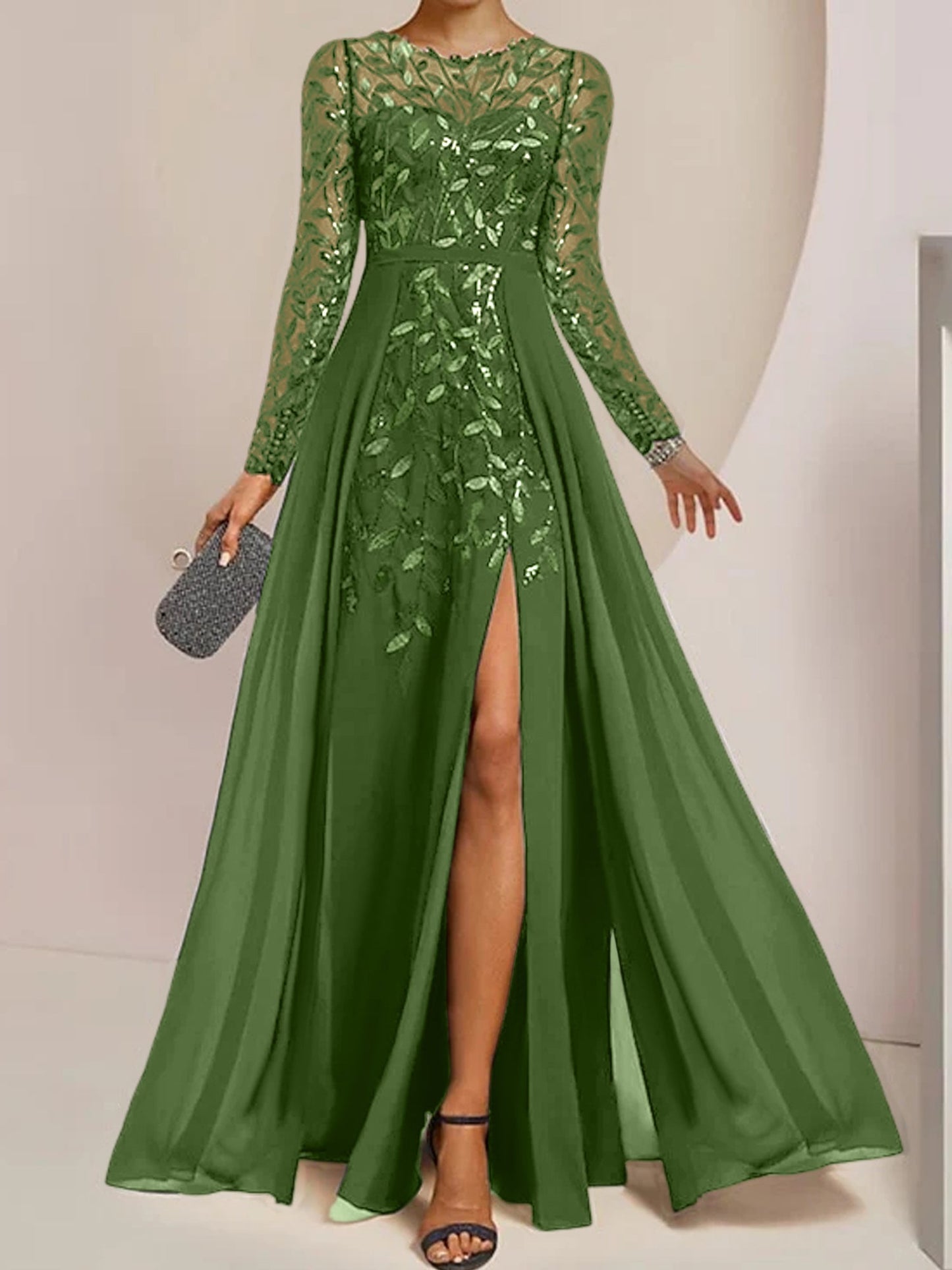 Vestidos de madre de la novia de corte A/princesa, largo hasta el suelo, con volantes laterales abiertos y lentejuelas