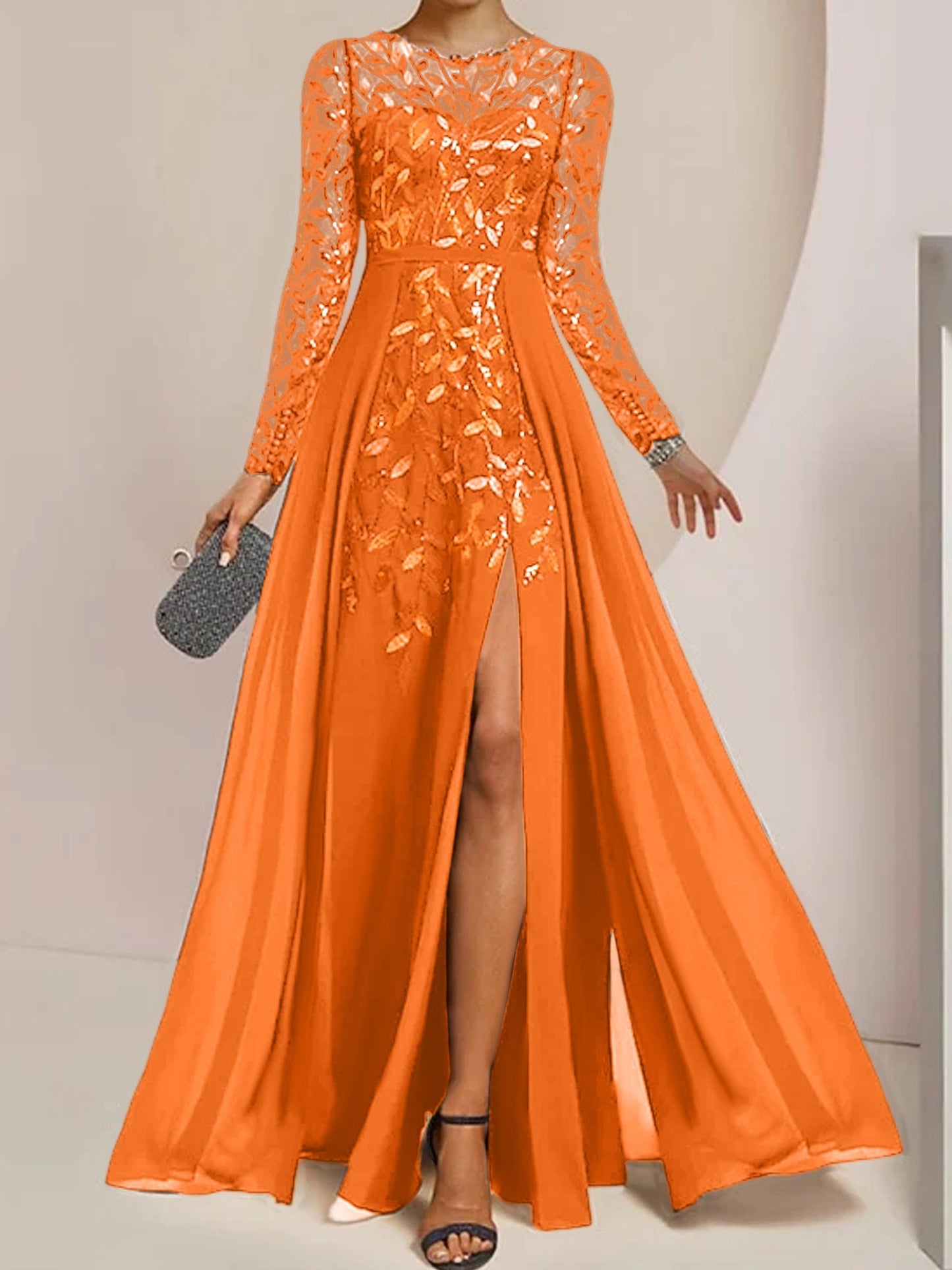 Vestidos de madre de la novia de corte A/princesa, largo hasta el suelo, con volantes laterales abiertos y lentejuelas