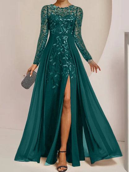 Vestidos de madre de la novia de corte A/princesa, largo hasta el suelo, con volantes laterales abiertos y lentejuelas