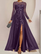 Vestidos de madre de la novia de corte A/princesa, largo hasta el suelo, con volantes laterales abiertos y lentejuelas
