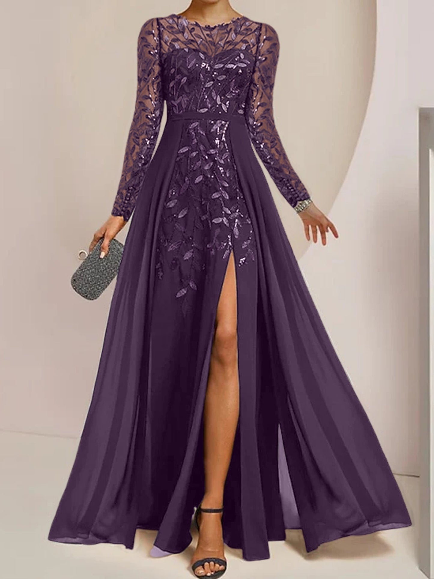 Vestidos de madre de la novia de corte A/princesa, largo hasta el suelo, con volantes laterales abiertos y lentejuelas
