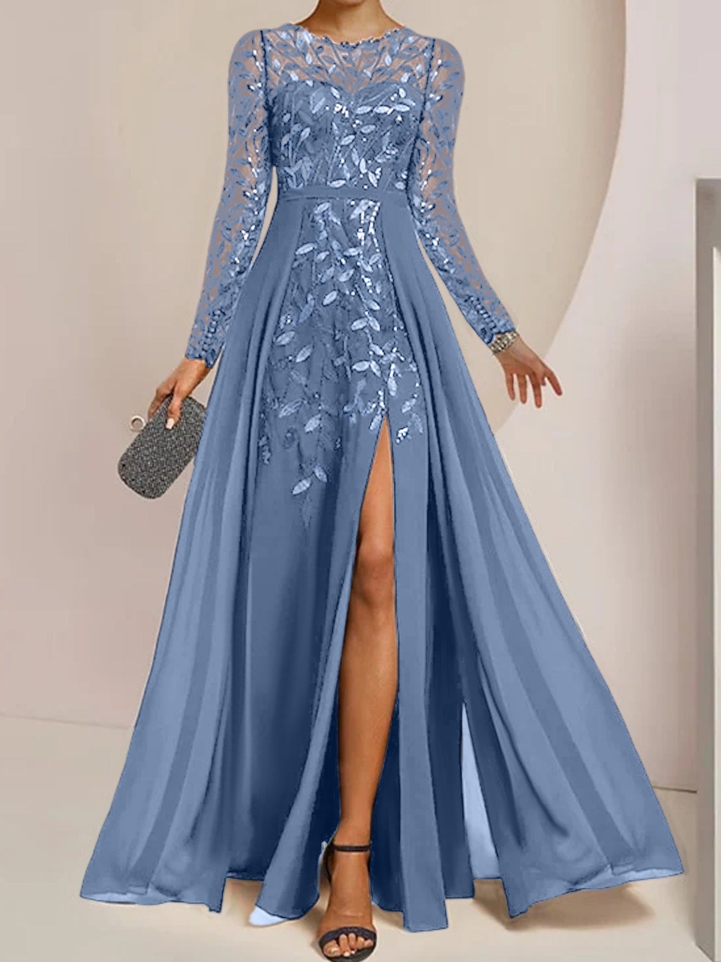 Vestidos de madre de la novia de corte A/princesa, largo hasta el suelo, con volantes laterales abiertos y lentejuelas