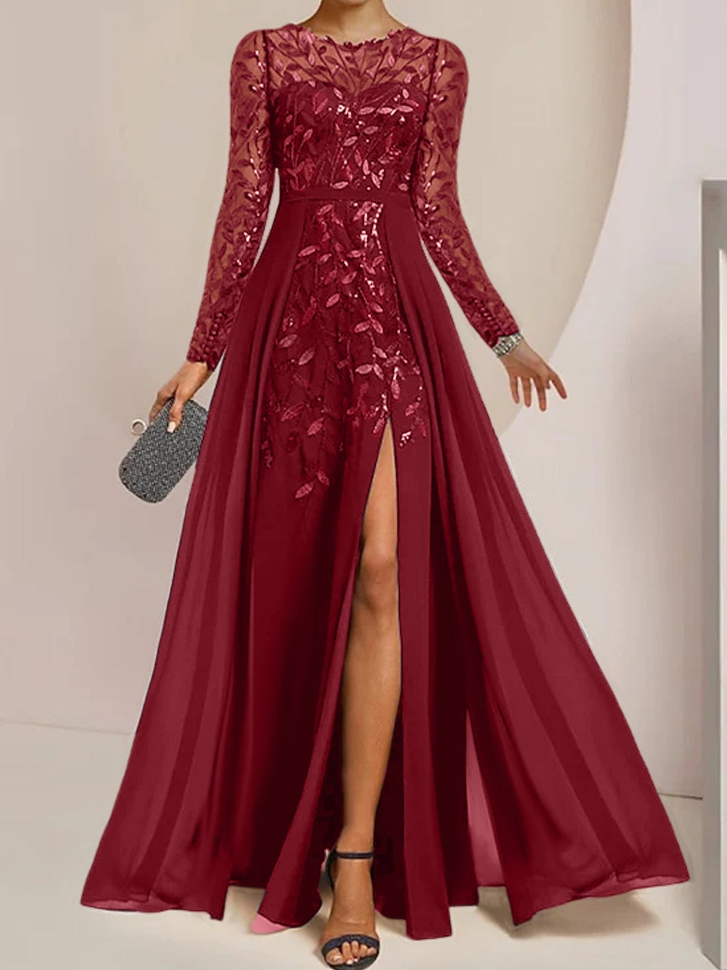 Vestidos de madre de la novia de corte A/princesa, largo hasta el suelo, con volantes laterales abiertos y lentejuelas