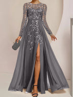 Vestidos de madre de la novia de corte A/princesa, largo hasta el suelo, con volantes laterales abiertos y lentejuelas