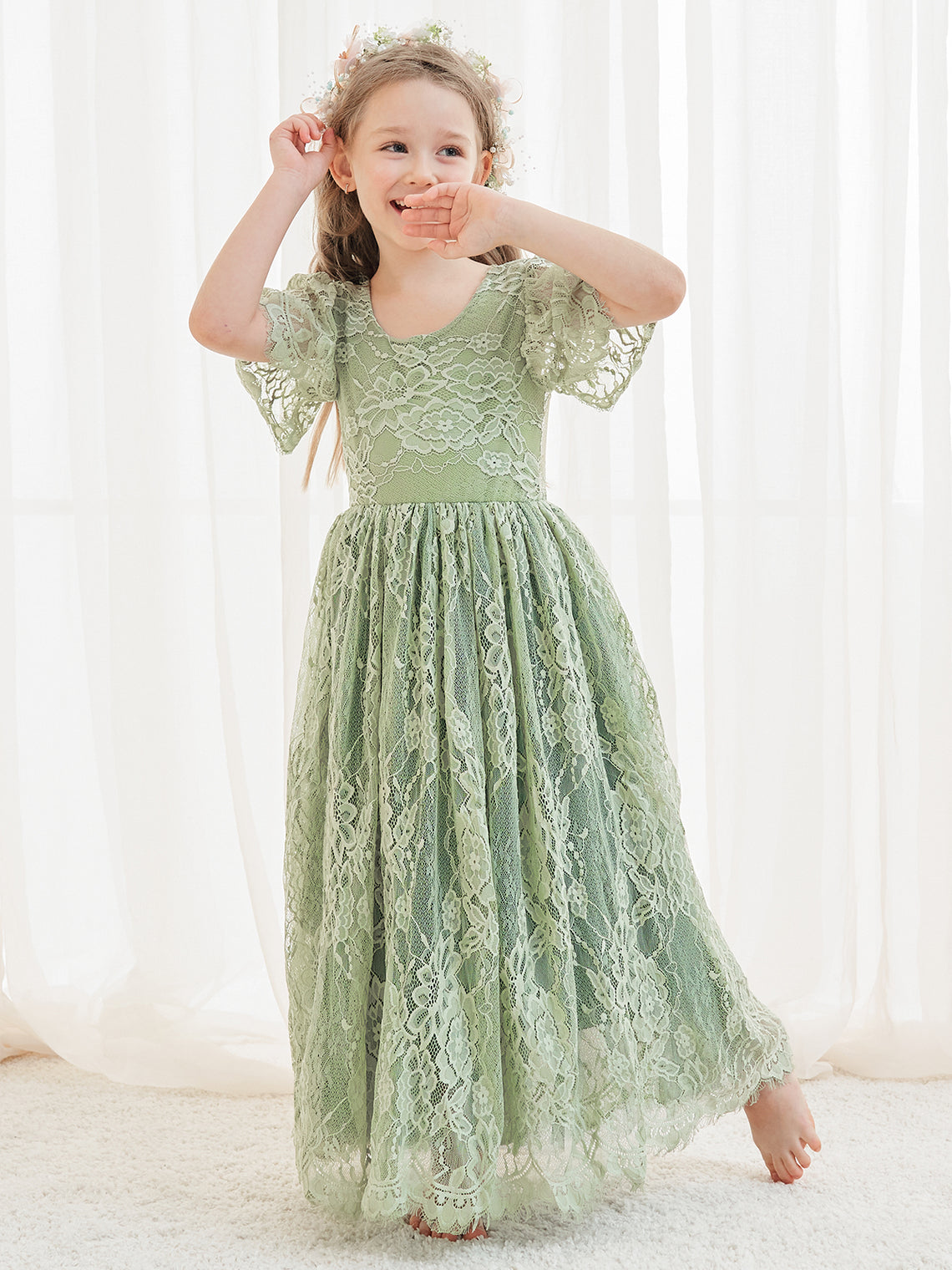 A-Linien-Spitze Knöchellanges Elfenbein Boho Blumenmädchenkleid 