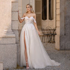 Light Champagne Pastrol Wedding Dresses Off Shoulder Sweetheart Bride Gowns Side Split A-Line Tulle Vestido De Novia-payinti