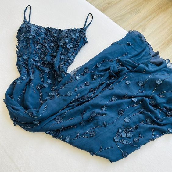 Vintage Marineblau Spaghettiträger Applikationen Ballkleid Meerjungfrau Geburtstag Outfits Abendkleid Y7456
