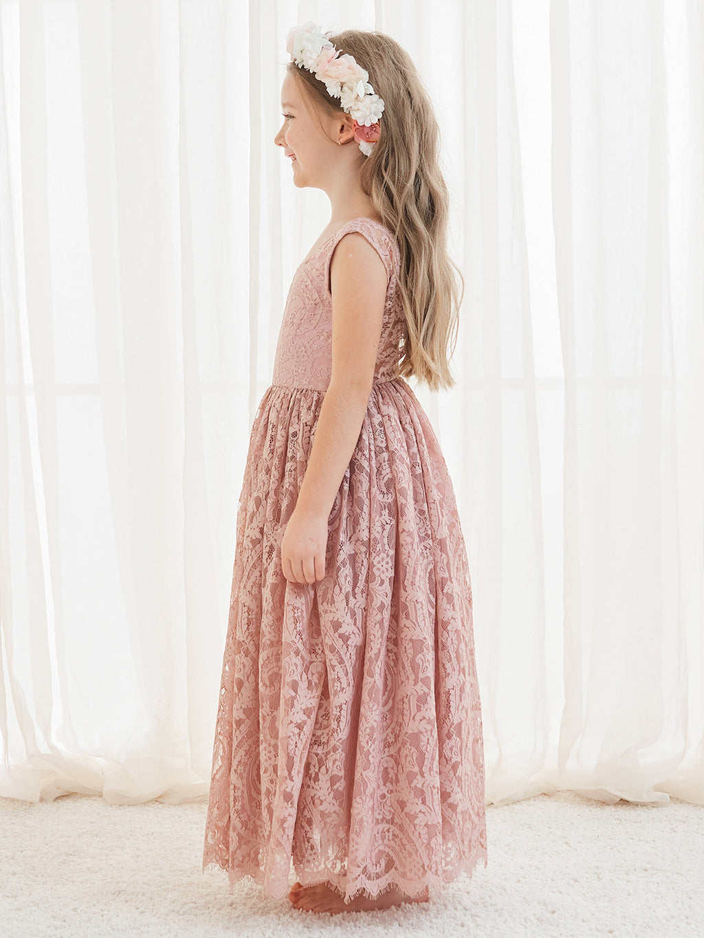 A-Linien-Spitze Knöchellanges Elfenbein Boho Blumenmädchenkleid 