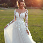 Pastrol Wedding Dresses For Woman Long Sleeves Illusion Back Scoop Bride Gowns Applique A-Line Tulle vestidos de novia-payinti