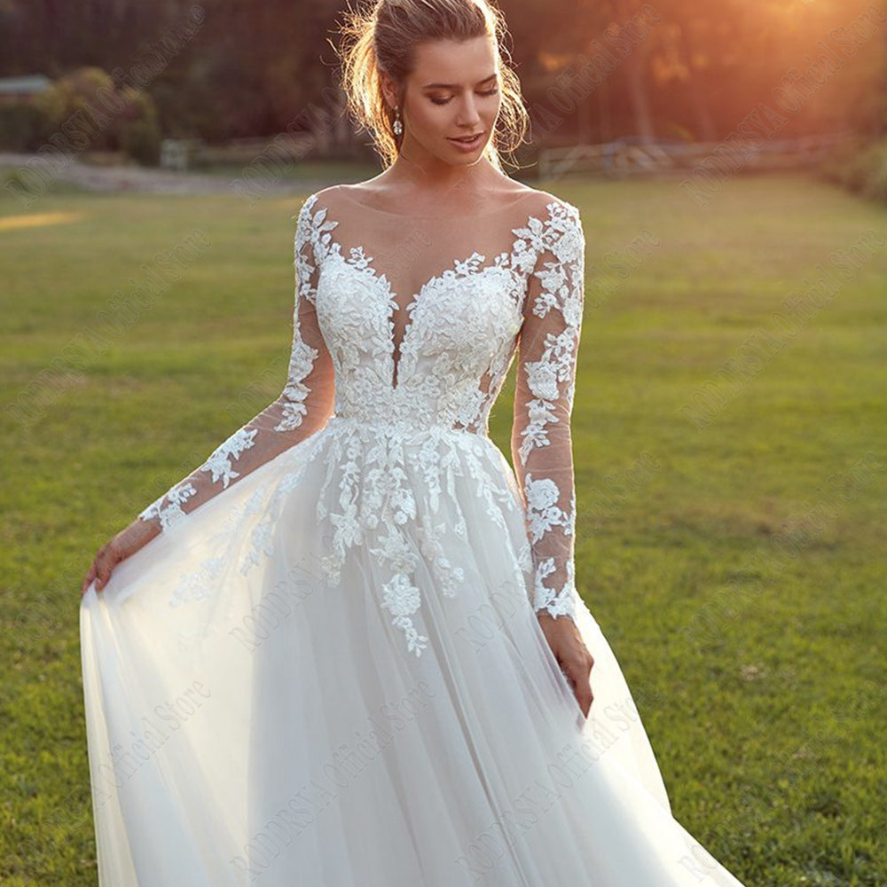 Pastrol Wedding Dresses For Woman Long Sleeves Illusion Back Scoop Bride Gowns Applique A-Line Tulle vestidos de novia-payinti