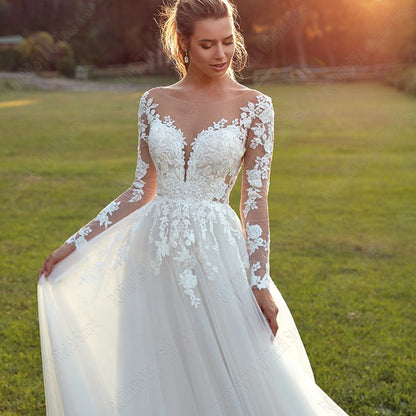 Pastrol Wedding Dresses For Woman Long Sleeves Illusion Back Scoop Bride Gowns Applique A-Line Tulle vestidos de novia-payinti