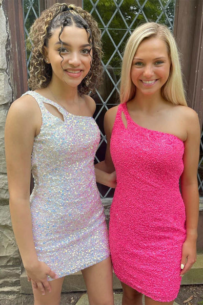Magdalene | Glitzerndes, figurbetontes, kurzes One-Shoulder-Heimkehrkleid mit Pailletten und Schlüsselloch