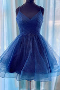 Glitzernde A-Linie V-Ausschnitt Kurze Ballkleider Marineblaue Homecoming-Kleider 