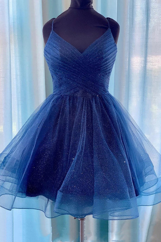 Glitzernde A-Linie V-Ausschnitt Kurze Ballkleider Marineblaue Homecoming-Kleider 