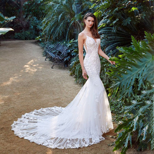 Charming V-neck Brides Wedding Dresses Mermaid Spaghetti Straps Lace Appliques Backless Suknia Slubna Made To Order-payinti