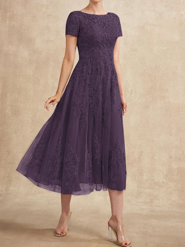 Vestido de madre de la novia de tul con encaje y corte en A, largo hasta la rodilla