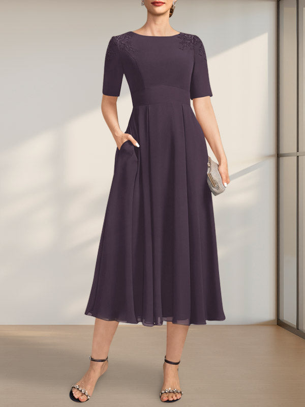 Vestido de gasa para madre de la novia, corte A, escote redondo, largo hasta la rodilla, con apliques de encaje y lentejuelas