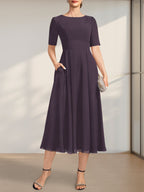 Vestido de gasa para madre de la novia, corte A, escote redondo, largo hasta la rodilla, con apliques de encaje y lentejuelas