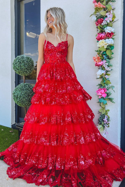 Maryam | Vestido de fiesta de encaje escalonado con tirantes finos y corte A