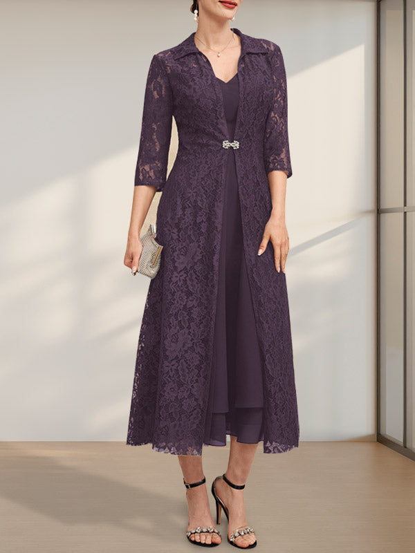 A-Linie V-Ausschnitt Wadenlanges Chiffonkleid für die Brautmutter