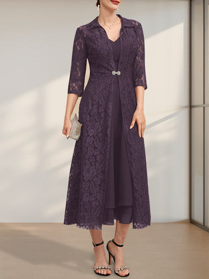 A-Linie V-Ausschnitt Wadenlanges Chiffonkleid für die Brautmutter